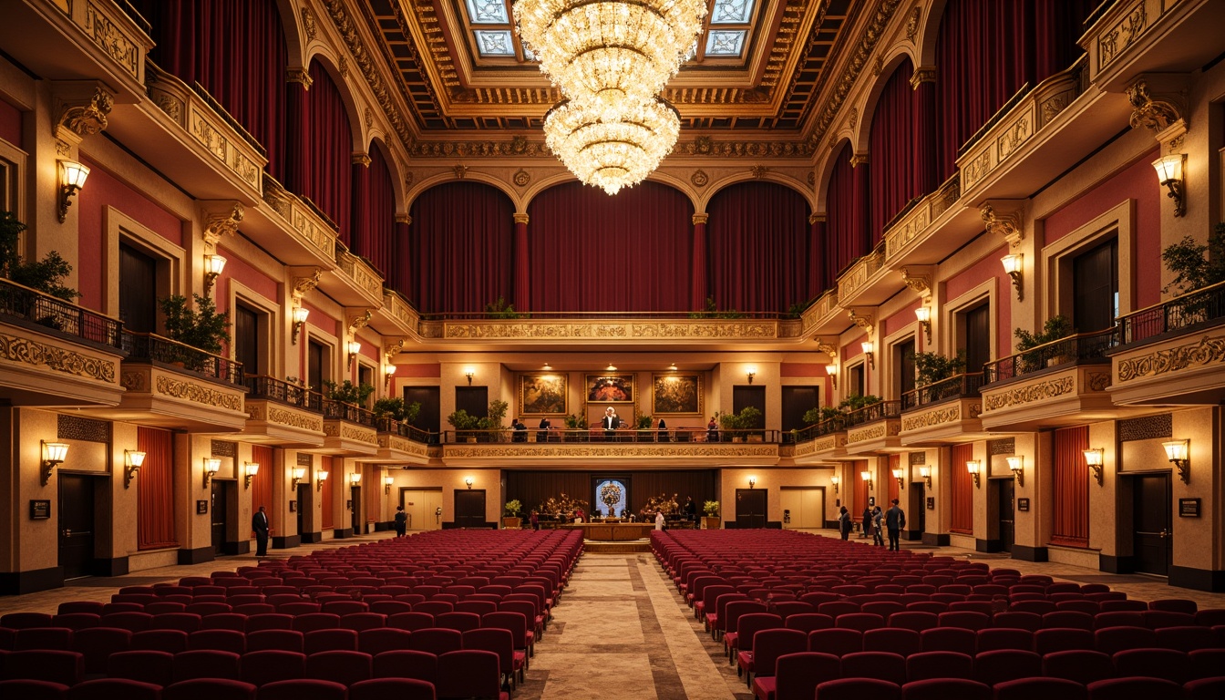 Prompt: Grand concert hall, lavish chandeliers, intricate moldings, ornate carvings, luxurious velvet drapes, gilded accents, polished marble floors, sweeping staircases, majestic archways, richly upholstered seats, ornamental balconies, dramatic spotlights, warm ambient lighting, shallow depth of field, 2/3 composition, symmetrical framing, highly detailed textures, realistic reflections.