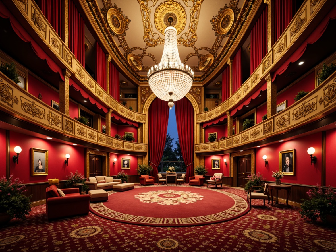 Prompt: Vibrant opera house interior, eclectic style, grand chandelier, ornate plasterwork, rich velvet curtains, gilded mirrors, intricate moldings, bold color schemes, luxurious fabrics, ornamental patterns, Baroque-inspired furniture, curved lines, sweeping arches, dramatic lighting, spotlights, soft warm glow, 1/1 composition, shallow depth of field, realistic textures, ambient occlusion.