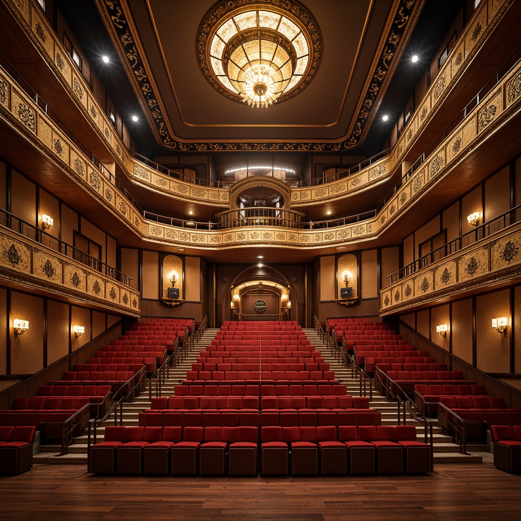 Prompt: Luxurious amphitheater, ornate Art Deco details, grand staircase, red velvet seats, golden armrests, intricate geometric patterns, ornamental metalwork, lavish chandeliers, stepped seating arrangement, curved rows, dramatic spotlights, warm atmospheric lighting, shallow depth of field, 1/2 composition, symmetrical view, realistic textures, ambient occlusion.