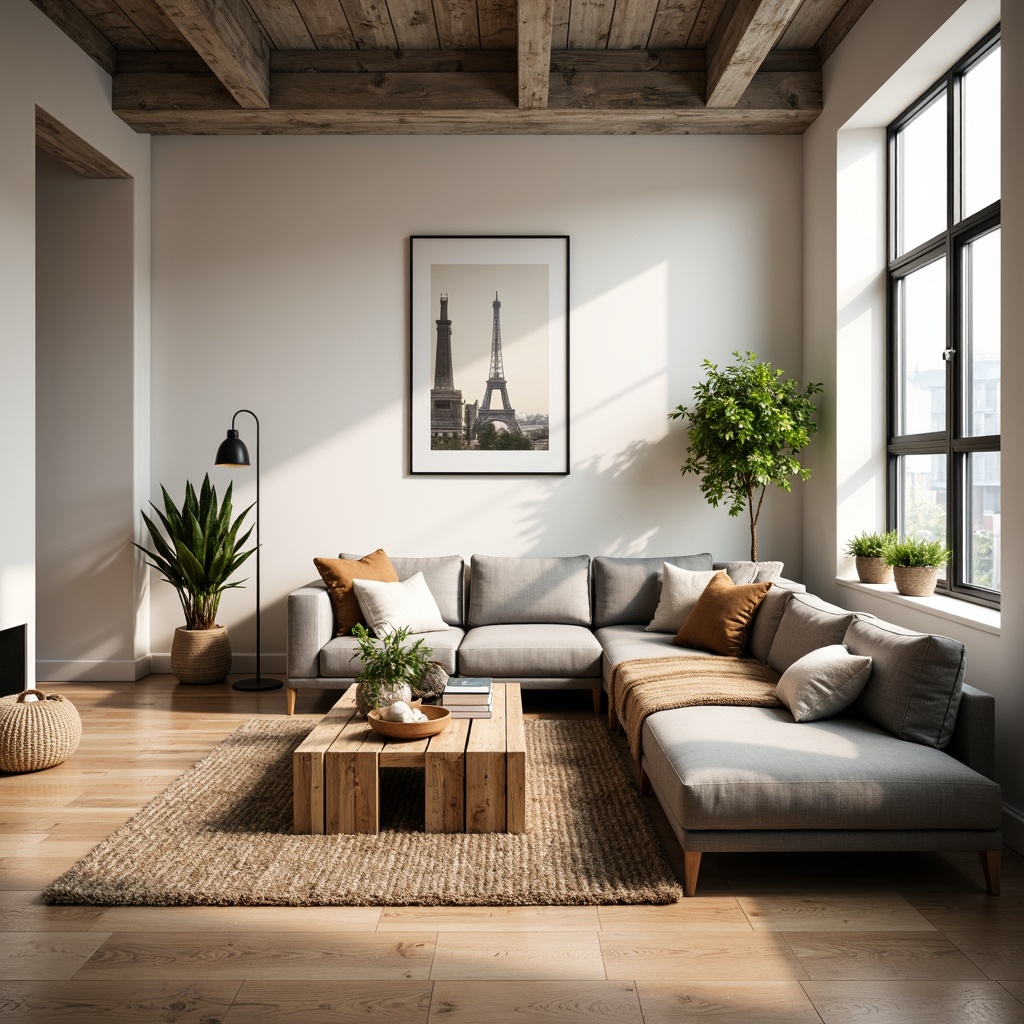 Prompt: Cozy living room, plush sectional sofa, reclaimed wood coffee table, minimalist decor, soft warm lighting, creamy white walls, comfortable throw pillows, natural fiber rug, industrial metal accents, greenery plants, floor-to-ceiling windows, urban loft architecture, neutral color palette, Scandinavian-inspired design, functional layout, 1/1 composition, shallow depth of field.