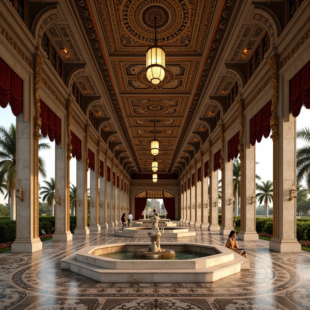 Prompt: Ornate pavilion, intricately carved stone facades, gilded decorations, ornamental statues, grandiose fountain, lavish chandeliers, rich velvet drapes, polished marble floors, intricate mosaic patterns, golden accents, soft warm lighting, shallow depth of field, 1/1 composition, symmetrical perspective, realistic textures, ambient occlusion.