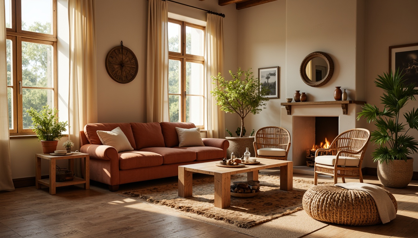 Prompt: Cozy living room, plush velvet sofa, warm beige carpeting, soft cream-colored curtains, rustic wooden coffee table, woven basket chairs, natural jute rug, earthy terracotta pots, crackling fireplace, warm golden lighting, shallow depth of field, 3/4 composition, realistic textures, ambient occlusion.