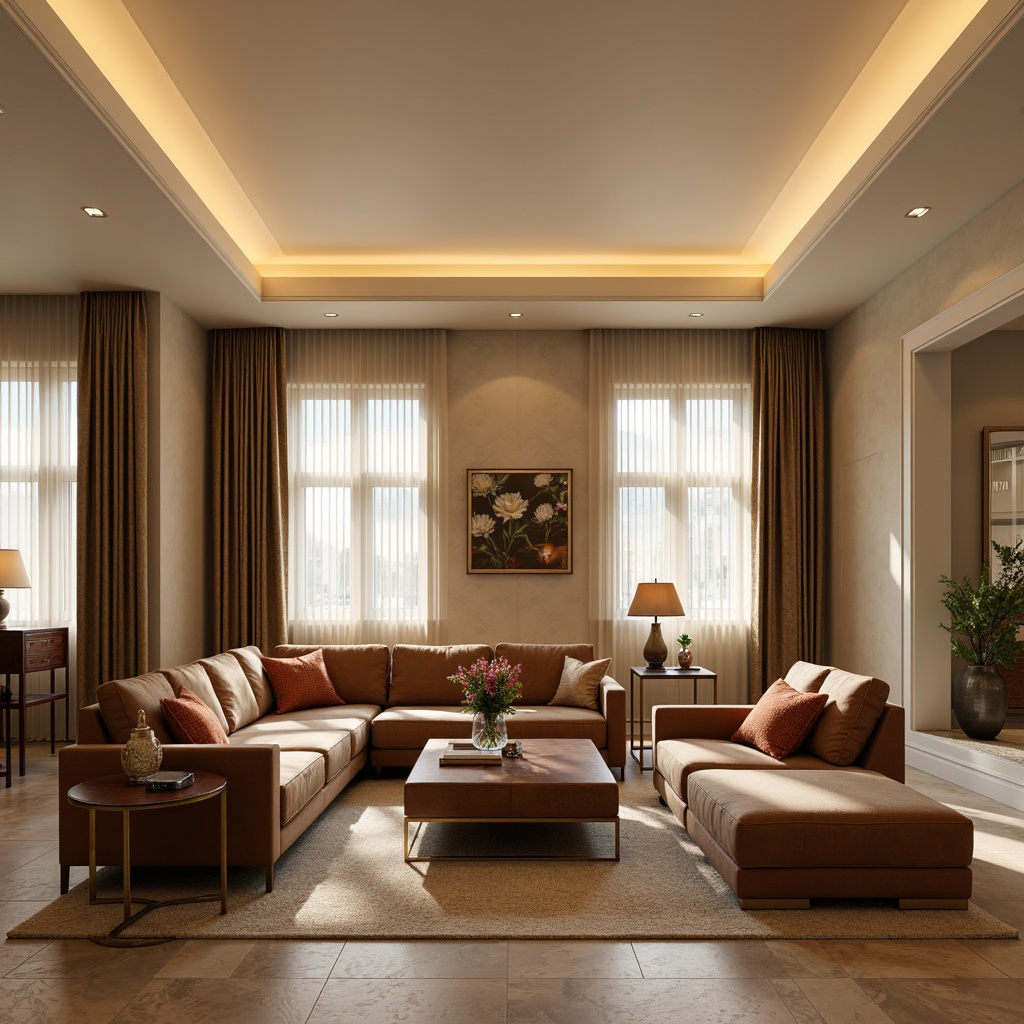 Prompt: Elegant living room, plush sectional sofas, velvet armchairs, matching ottomans, polished wooden coffee tables, minimalist metal legs, soft golden lighting, warm beige walls, creamy white ceilings, luxurious textiles, intricate patterns, comfortable cushions, adjustable headrests, reclining functions, floor lamps, ambient shadows, 3/4 composition, harmonious color palette, realistic rendering.