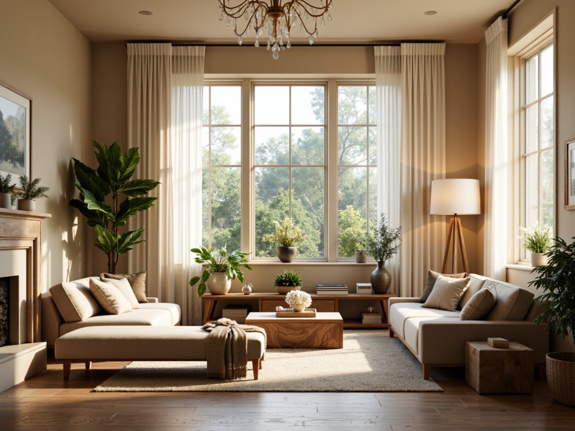 Prompt: Cozy living room, large windows, soft natural lighting, warm beige walls, wooden flooring, minimalist decor, greenery accents, comfortable sofas, elegant chandeliers, sheer white curtains, subtle texture contrasts, ambient shadows, 1/1 composition, high-key lighting, realistic reflections, atmospheric rendering.