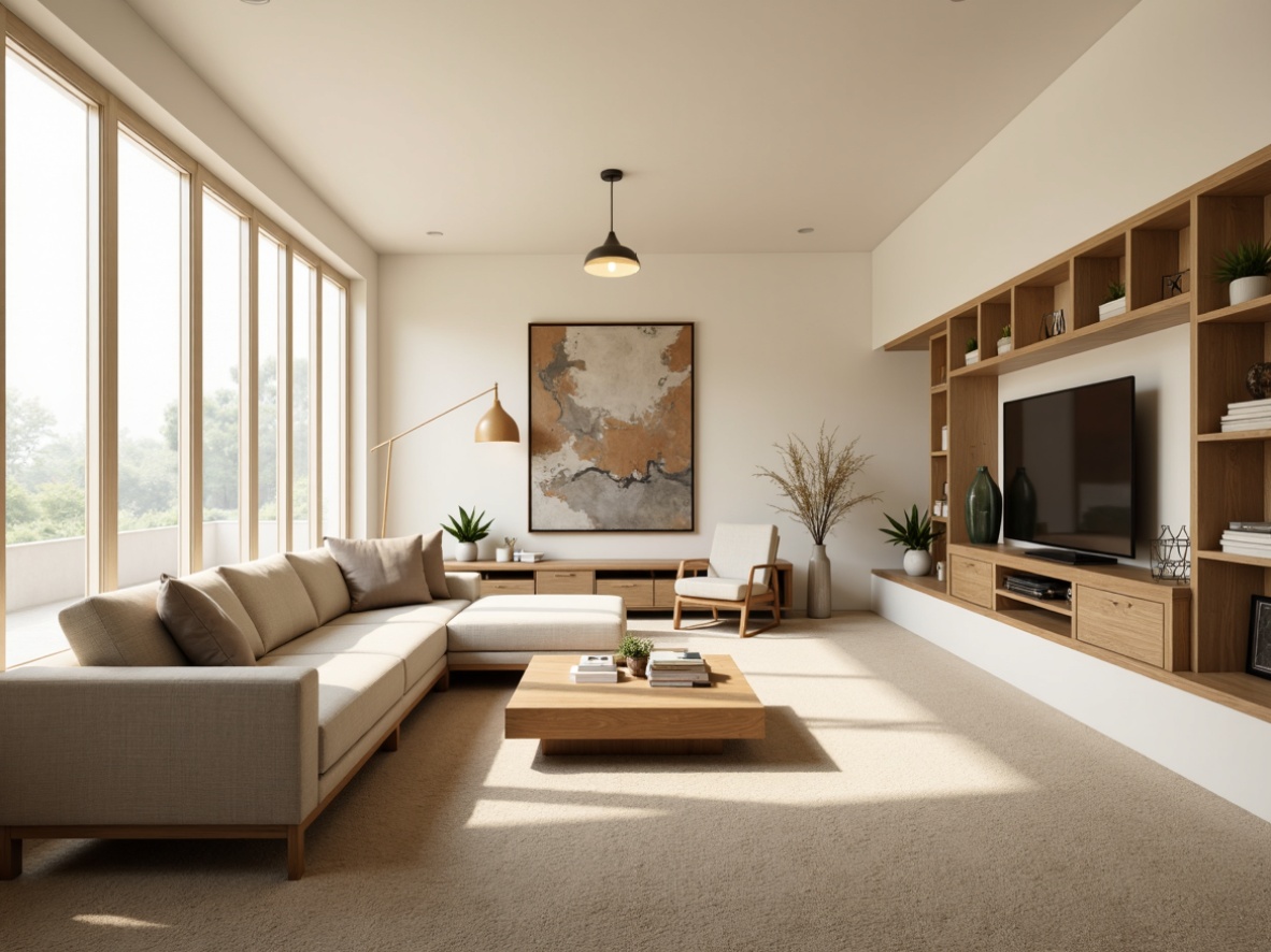 Prompt: Minimalist family room, modern sectional sofa, sleek wooden coffee table, floor-to-ceiling windows, natural light pouring in, soft cream-colored walls, warm beige carpeting, decorative pendant lighting, elegant TV stand, minimalist decorative shelves, abstract artwork, calm atmosphere, shallow depth of field, 3/4 composition, panoramic view, realistic textures, ambient occlusion.