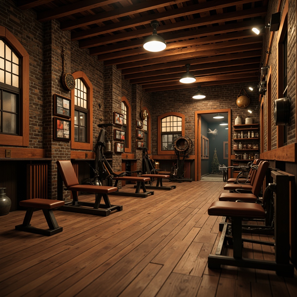 Prompt: Traditional home gym, wooden flooring, dimmed warm lighting, exposed brick walls, classic weightlifting equipment, iron dumbbells, leather-bound benches, vintage-style exercise machines, free weights, kettlebells, jump ropes, mirrored walls, wooden cabinets, nostalgic color scheme, 3/4 composition, shallow depth of field, soft focus, realistic textures.