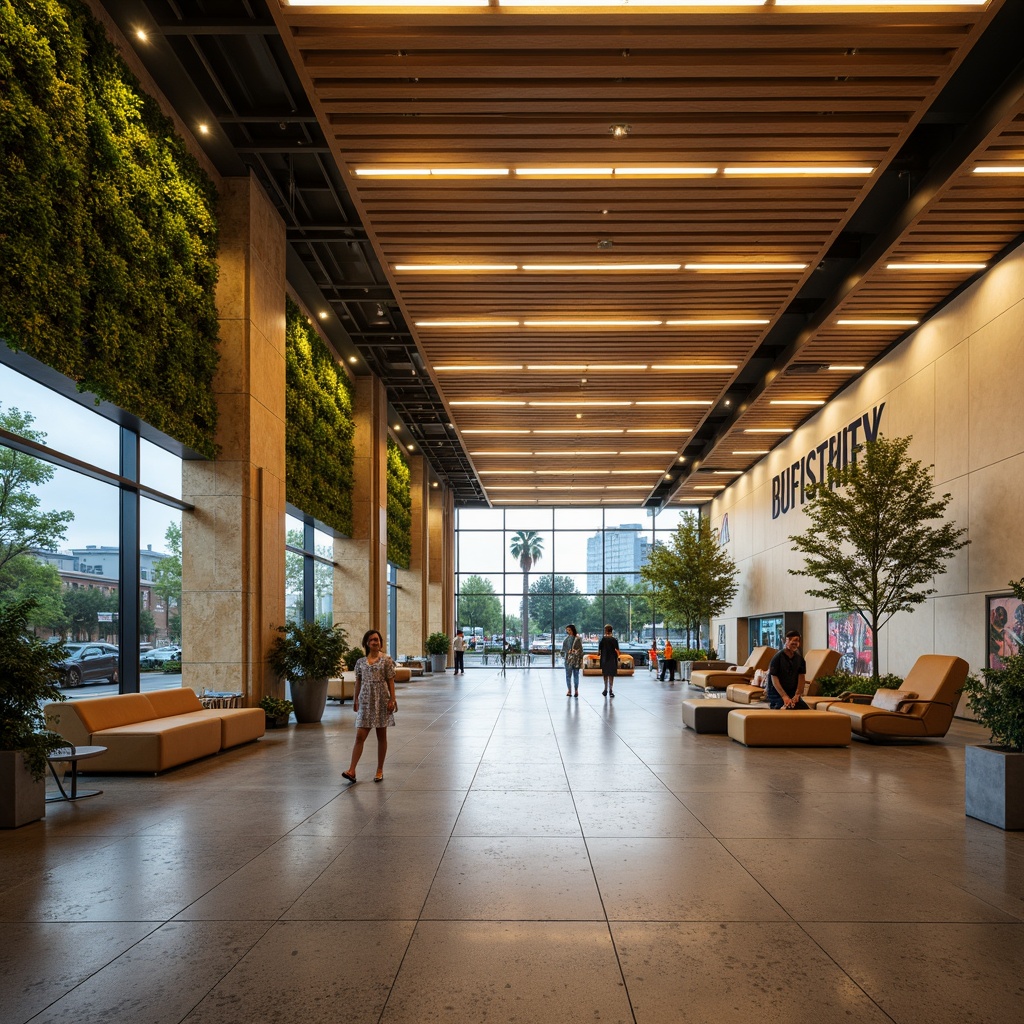 Prompt: Vibrant bus station, urban landscape, modern architecture, bright LED lights, bold typography, warm beige walls, cool grey floors, natural wood accents, greenery installations, urban art murals, eclectic furniture, dynamic lighting effects, shallow depth of field, 1/1 composition, realistic textures, ambient occlusion.