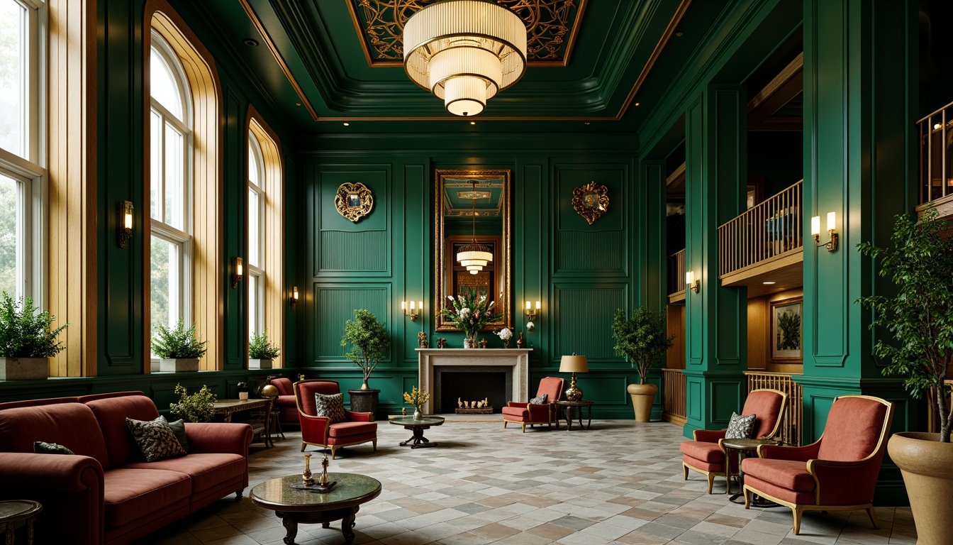 Prompt: Luxurious Art Deco interior, rich jewel tones, emerald green walls, golden accents, metallic bronze fixtures, geometric patterns, ornate details, vintage furniture, velvet upholstery, crystal chandeliers, marble flooring, high-gloss finishes, bold black outlines, sophisticated ambiance, dramatic lighting, low-key shadows, cinematic composition, opulent textiles, intricate moldings.