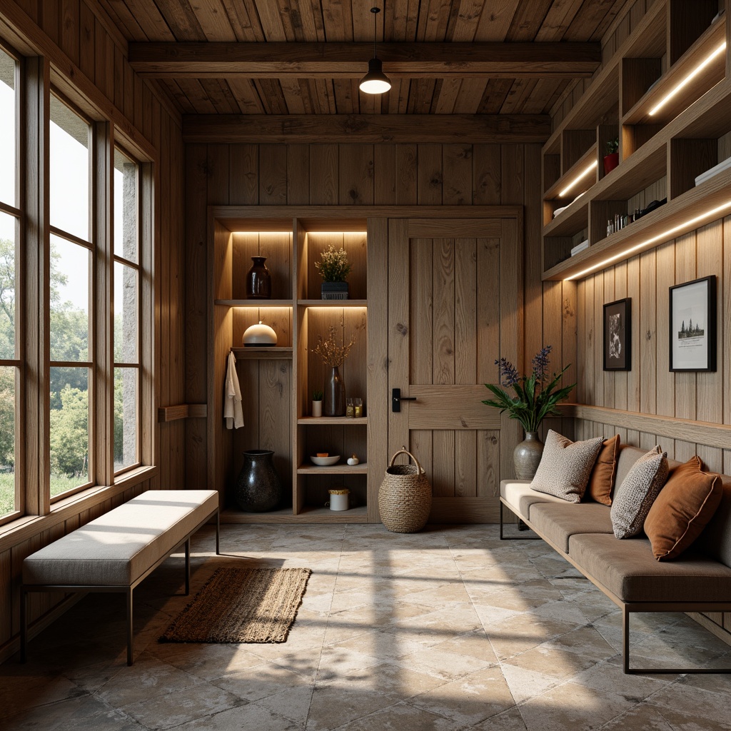 Prompt: Rustic mudroom, natural stone flooring, wooden accents, cozy atmosphere, stylish benches, plush cushions, velvet upholstery, metallic legs, industrial chic design, reclaimed wood walls, earthy color palette, soft warm lighting, shallow depth of field, 3/4 composition, realistic textures, ambient occlusion.