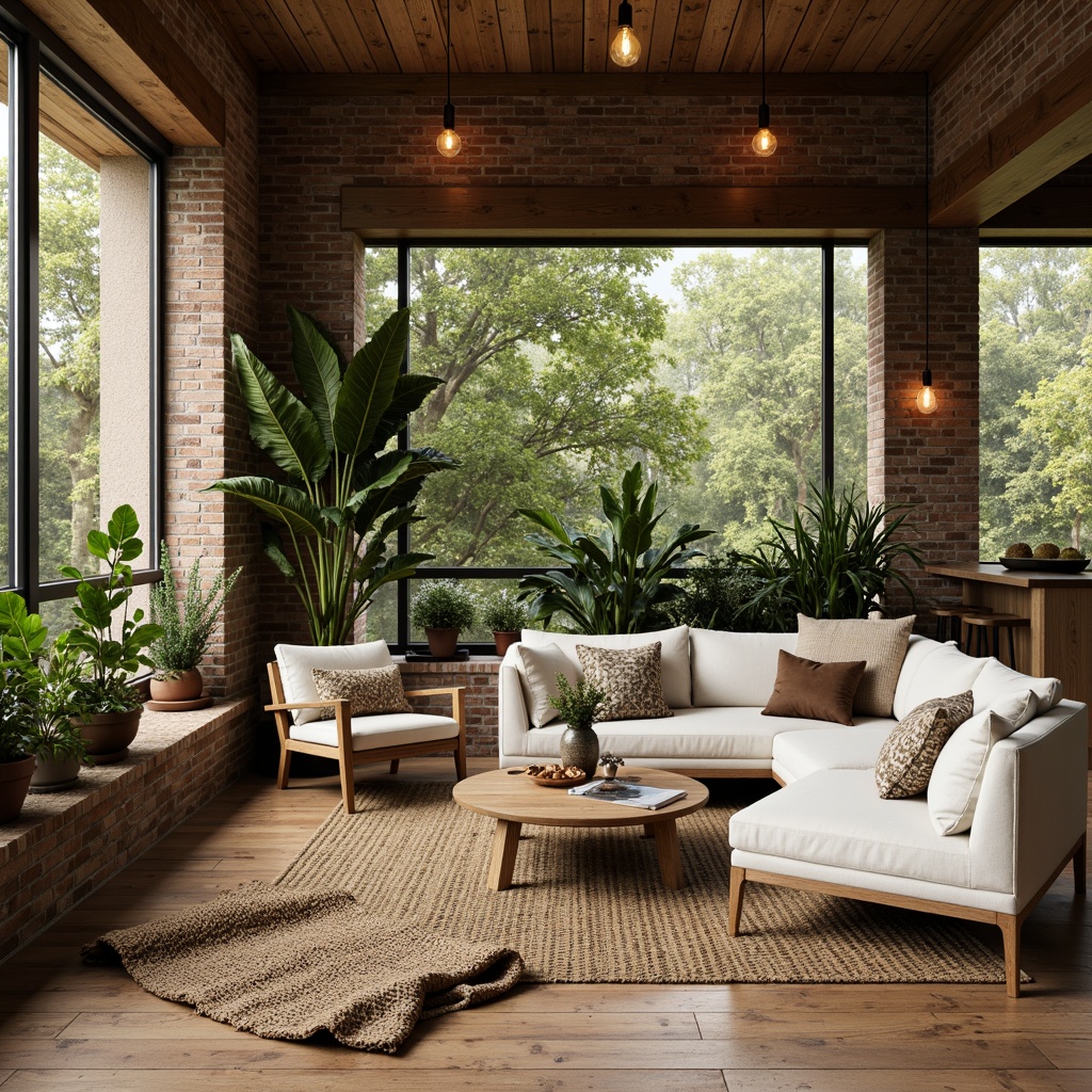 Prompt: Earthy living room, reclaimed wood accents, natural stone walls, woven jute rugs, organic cotton upholstery, exposed brick columns, industrial metal beams, pendant lamps with Edison bulbs, lush greenery, abundant natural light, warm earthy color palette, cozy ambiance, 3/4 composition, shallow depth of field, realistic textures, ambient occlusion.