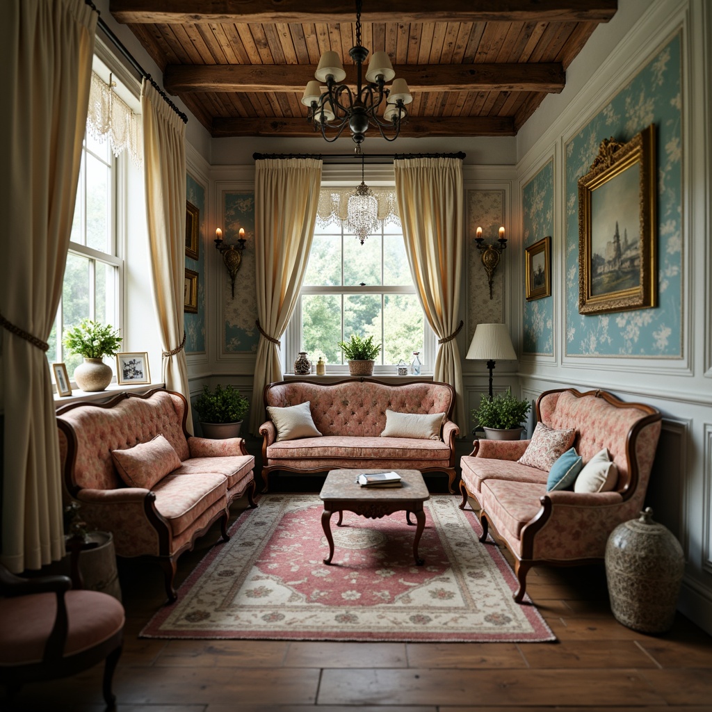 Prompt: Distressed wood, vintage accents, soft pastel hues, lace curtains, floral patterns, ornate metalwork, plush upholstery, velvet fabrics, antique pieces, distressed finishes, rustic wooden floors, natural textiles, cozy reading nooks, warm candlelight, shallow depth of field, 1/2 composition, intimate atmosphere, realistic renderings.