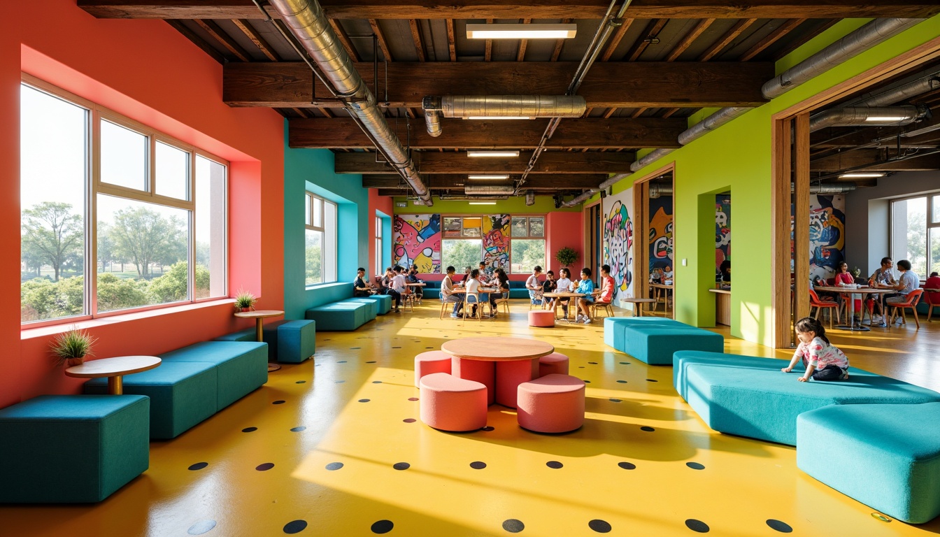 Prompt: Vibrant youth center, energetic atmosphere, bold color scheme, bright coral walls, lime green accents, sky blue furniture, warm yellow floors, playful polka dot patterns, modern graffiti murals, industrial metal beams, reclaimed wood textures, natural light pouring in, softbox lighting, 3/4 composition, dynamic angles, youthful energy, fun and lively vibe.