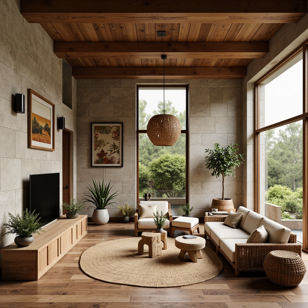 Prompt: Earthy living room, natural stone walls, reclaimed wood flooring, wooden accents, woven rattan furniture, jute rugs, potted greenery, floor-to-ceiling windows, minimal ornamentation, organic shapes, earthy color palette, warm ambient lighting, soft shadows, 1/1 composition, realistic textures, subtle grain details.