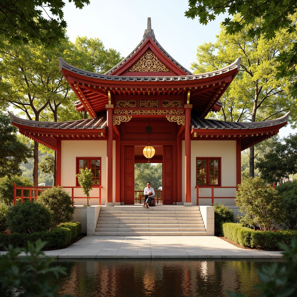 Prompt: Traditional Asian-style churches, intricately carved wooden doors, vibrant red accents, golden ornate details, soft cream-colored walls, tranquil natural surroundings, lush greenery, serene water features, peaceful ambiance, warm golden lighting, shallow depth of field, 1/1 composition, realistic textures, ambient occlusion.