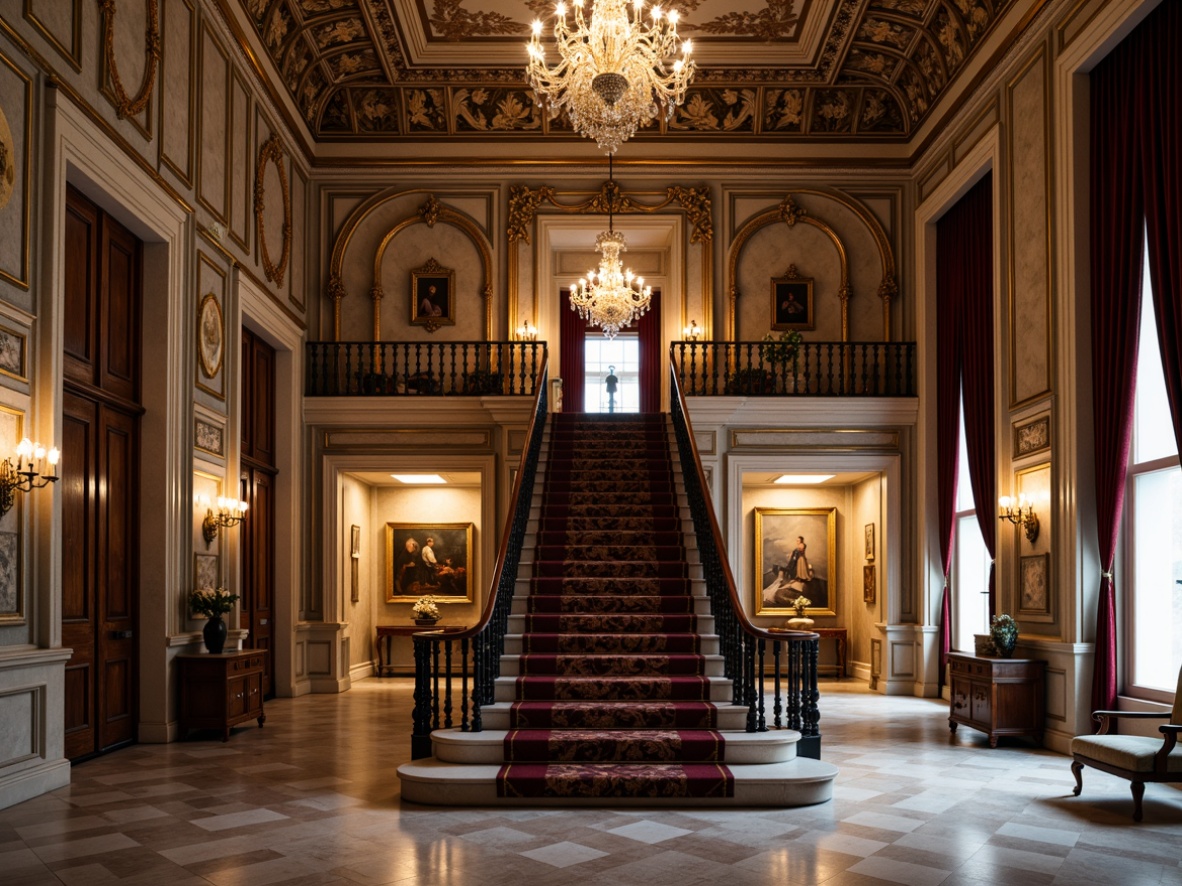 Prompt: Ornate museum interior, grand staircase, ornamental molding, gilded frames, velvet drapes, intricate patterns, Baroque architecture, high ceilings, marble floors, crystal chandeliers, soft warm lighting, shallow depth of field, 3/4 composition, realistic textures, ambient occlusion.