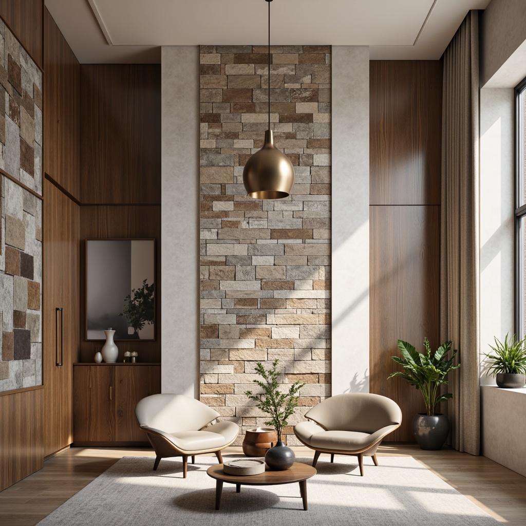 Prompt: Elegant transitional interior, neutral color palette, soft warm lighting, textured wall treatments, natural stone accents, reclaimed wood planks, modern metallic finishes, geometric patterned wallpaper, subtle texture contrasts, 3/4 composition, shallow depth of field, realistic material rendering, ambient occlusion.