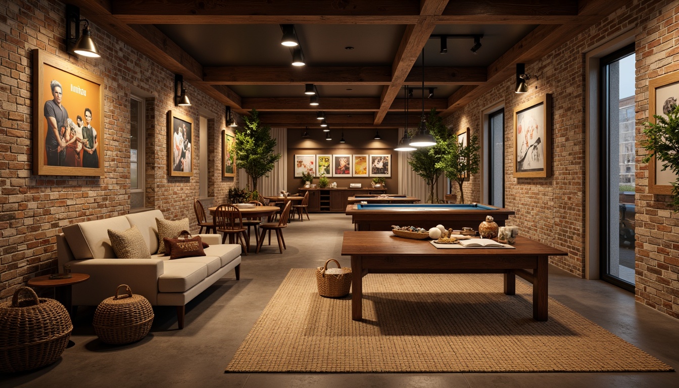 Prompt: Rustic game room, reclaimed wood accent walls, earthy tone color scheme, stone-textured finishes, wooden beam ceilings, exposed brick features, vintage gaming posters, industrial-style metal decorations, cozy ambient lighting, warm beige furniture, natural fiber rugs, woven basket storage, distressed leather upholstery, rich wood tones, earthy scents, soft warm glow, shallow depth of field, 1/2 composition, realistic textures, ambient occlusion.