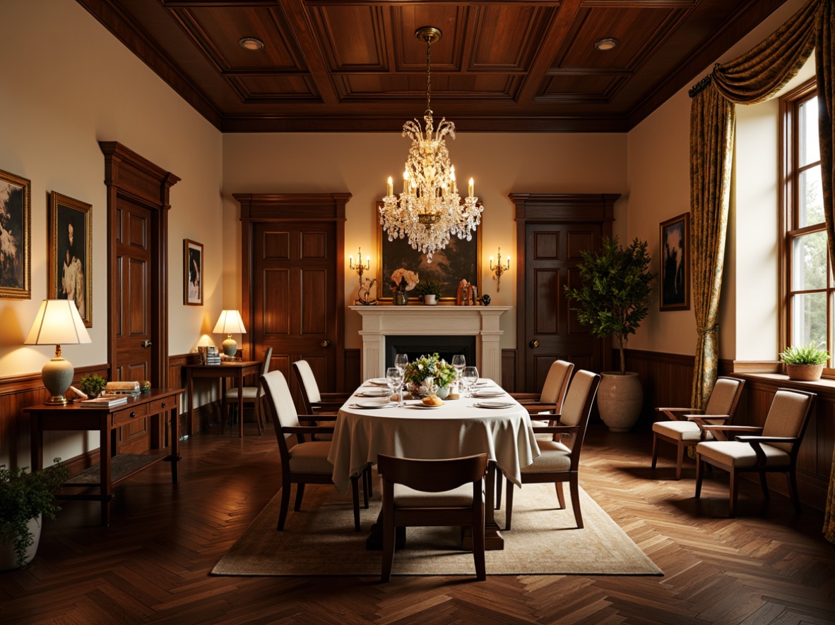 Prompt: Traditional dining room, rich wood tones, luxurious furnishings, ornate chandeliers, elegant curtains, warm beige walls, classic furniture, sophisticated atmosphere, dark hardwood flooring, glossy finish, herringbone pattern, subtle texture, warm golden lighting, soft shadows, 3/4 composition, realistic reflections, ambient occlusion.