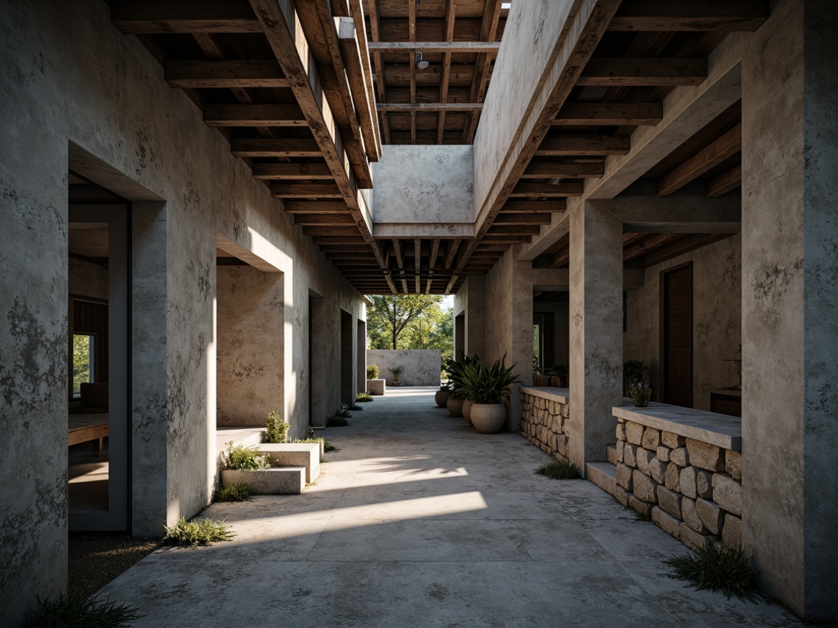 Prompt: Rough-hewn concrete walls, rugged stone foundations, brutalist architecture, fortress-like structures, industrial metal beams, exposed ductwork, raw poured-in-place concrete, distressed wood accents, minimalist ornamentation, dramatic natural light, high-contrast shading, deep shadows, stark atmospheric lighting, cinematic composition, 2.35