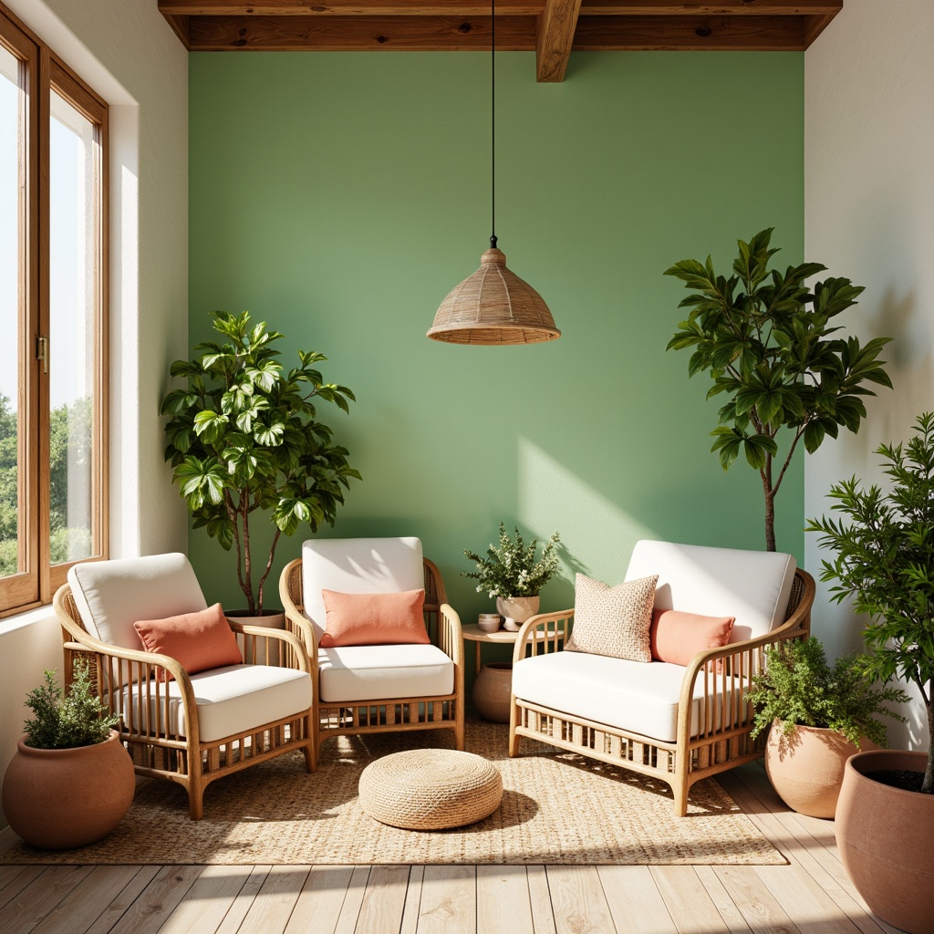 Prompt: Vibrant lime accents, soft peach undertones, calming mint greenery, creamy white textures, natural wood grain patterns, woven rattan furniture, earthy terracotta pots, lush foliage arrangements, sunny day ambiance, warm soft lighting, shallow depth of field, 1/1 composition, intimate close-up view, realistic fabric simulations.