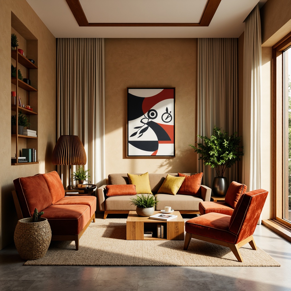 Prompt: Vibrant living room, warm beige walls, rich walnut furniture, plush velvet sofas, golden metal accents, soft cream curtains, natural stone flooring, modern abstract artwork, bold geometric patterns, cozy reading nook, intimate ambiance, dramatic lighting, shallow depth of field, 1/2 composition, realistic textures, ambient occlusion.