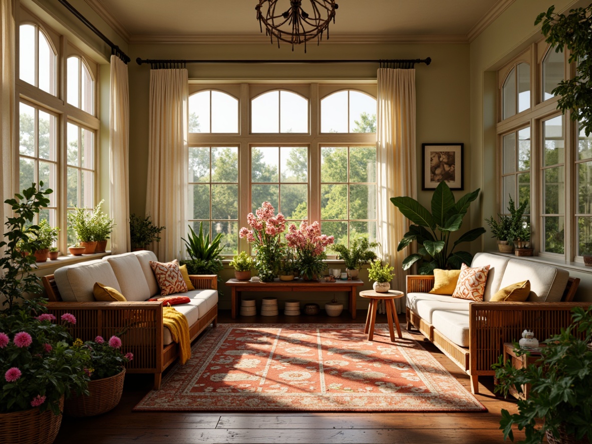 Prompt: Cozy sunroom, warm natural light, lush greenery, blooming flowers, comfortable seating areas, plush cushions, wooden accents, rattan furniture, vibrant colorful throws, elegant curtains, sheer drapery, soft warm lighting, shallow depth of field, 1/1 composition, intimate atmosphere, realistic textures, ambient occlusion.