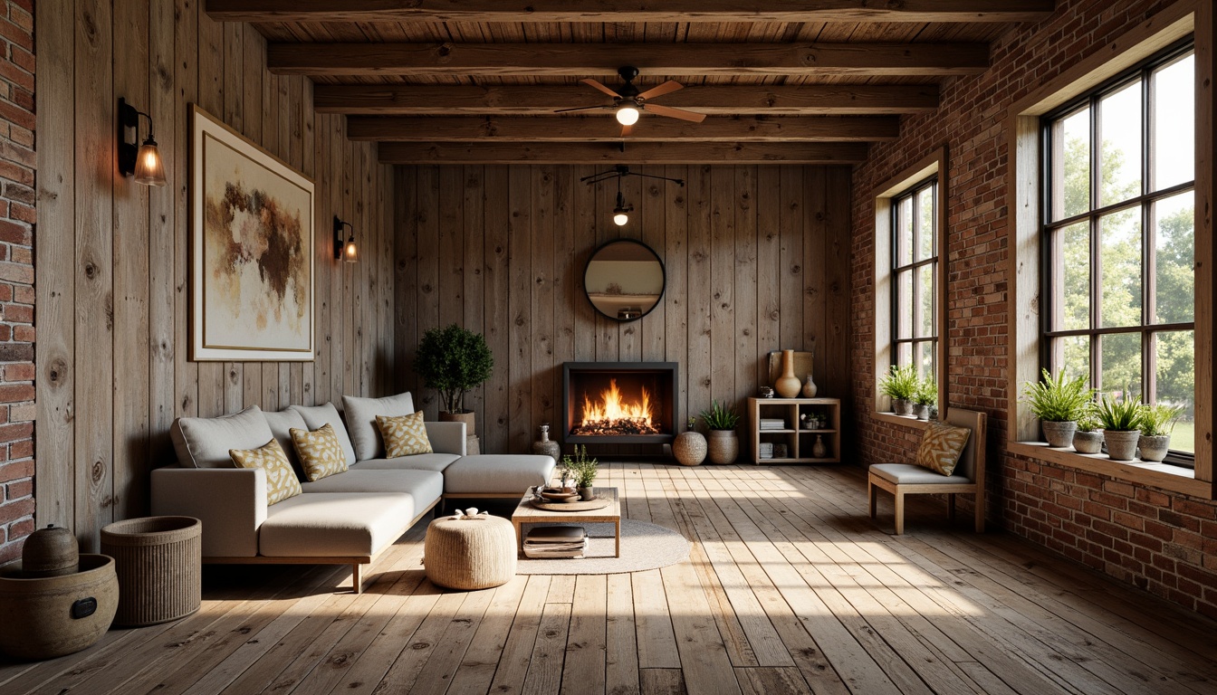 Prompt: Rustic wooden planks, distressed finishes, vintage metal accents, earthy color palette, natural stone textures, reclaimed barn wood, exposed brick walls, shiplap paneling, farmhouse-inspired decor, soft warm lighting, cozy ambiance, organic shapes, weathered wooden beams, countryside charm, nostalgic feel, 1/1 composition, realistic wood grain, ambient occlusion.