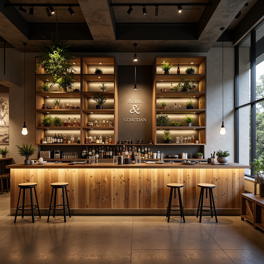 Prompt: Minimalist bar counter, natural wooden surfaces, Scandinavian-inspired design, warm ambient lighting, industrial metal stools, reclaimed wood accents, greenery installations, geometric patterns, neutral color palette, Nordic-style typography, cozy intimate atmosphere, shallow depth of field, 1/1 composition, softbox lighting, realistic textures, ambient occlusion.