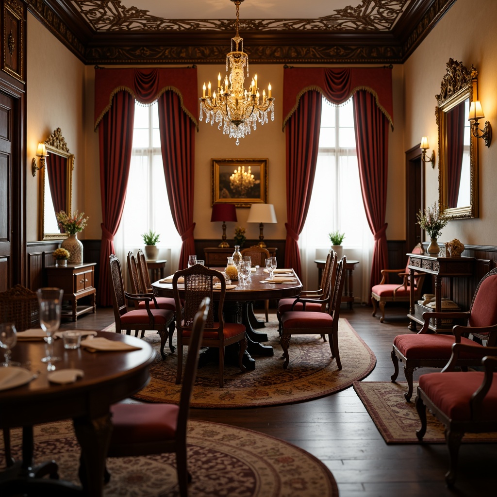 Prompt: Richly ornate traditional dining room, dark wood furniture, intricately carved chairs, plush velvet upholstery, antique wooden tables, crystal chandeliers, luxurious drapes, ornamental mirrors, gold accents, patterned rugs, warm beige walls, classic European-inspired architecture, stately columns, elegant coving, soft warm lighting, shallow depth of field, 1/2 composition, realistic textures, ambient occlusion.