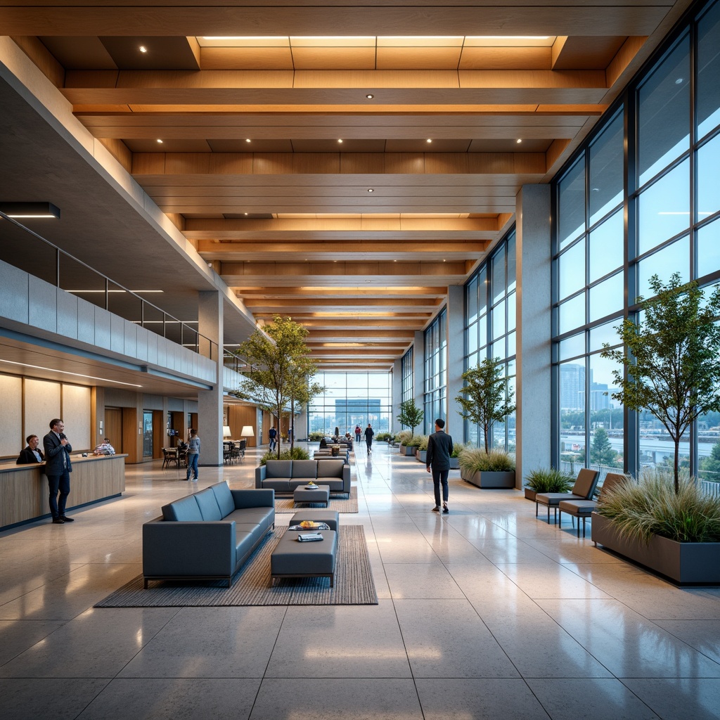 Prompt: Neutral airport terminals, sleek modern architecture, polished metal accents, warm beige tones, calming blue hues, vibrant orange highlights, natural stone flooring, glass ceilings, airy open spaces, comfortable seating areas, minimal ornamentation, subtle LED lighting, soft diffused shadows, 1/2 composition, realistic reflections, ambient occlusion.