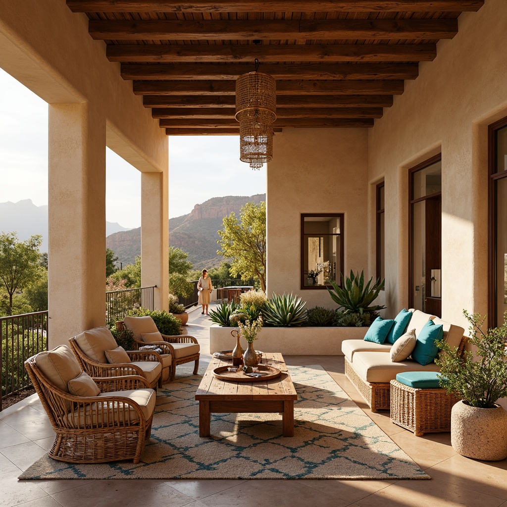 Prompt: Southwestern-style apartment, earthy tone color palette, rustic wooden furniture, woven wicker chairs, rattan coffee tables, vibrant turquoise accents, geometric patterned rugs, natural fiber textiles, pendant lanterns, reclaimed wood shelving units, desert-inspired botanical prints, warm beige stucco walls, large windows with panoramic views, soft golden lighting, 1/1 composition, cozy intimate atmosphere.