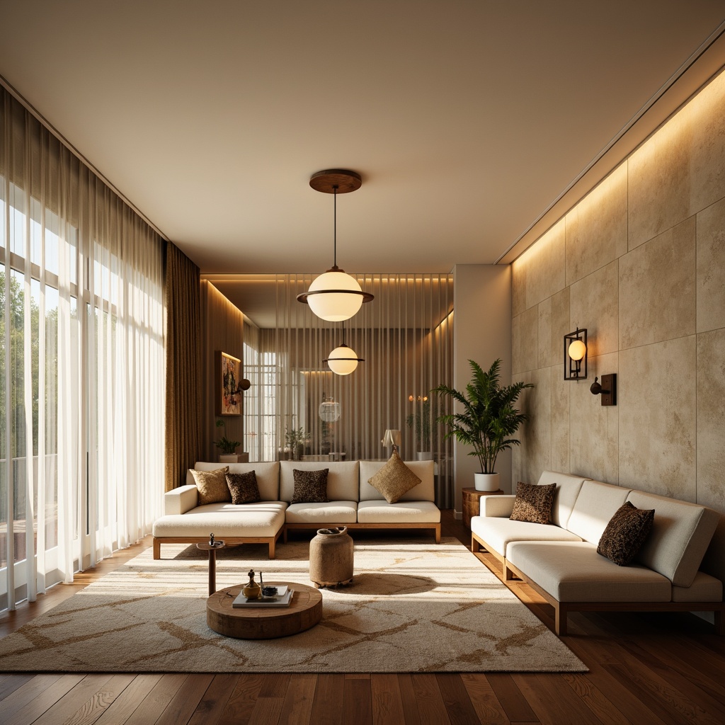 Prompt: Mid-century modern living room, warm beige walls, polished wooden floors, minimalist decor, sleek low-profile sofas, geometric-patterned rugs, floor-to-ceiling windows, natural daylight, soft diffused lighting, pendant lamps, globe-shaped fixtures, sputnik chandeliers, atomic-age inspired designs, metal shade pendants, opal glass diffusers, warm-toned wood accents, retro-style wall sconces, subtle color palette, ambient glow, 1/2 composition, shallow depth of field, soft focus.