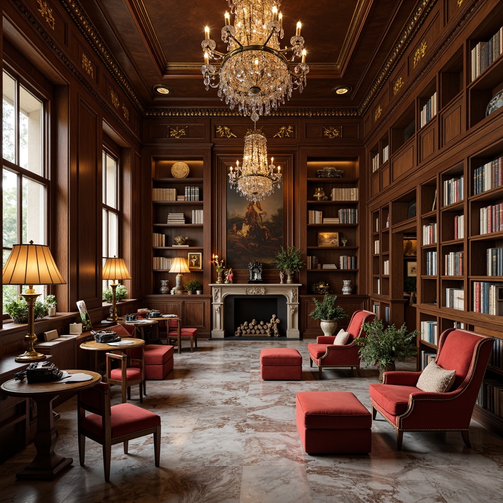 Prompt: Rich walnut wood shelving, ornate golden accents, leather-bound tomes, plush velvet armchairs, polished marble floors, crystal chandeliers, warm soft lighting, cozy reading nooks, floor-to-ceiling bookcases, intricate moldings, classic oil paintings, vintage typewriters, comfortable ottomans, elegant drapery, subtle earthy tones, sophisticated ambiance, shallow depth of field, 2/3 composition, warm color palette, realistic textures, ambient occlusion.