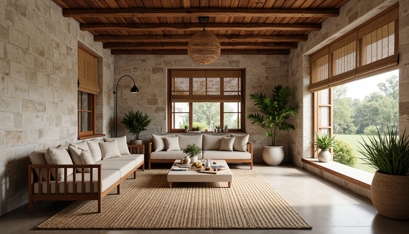 Prompt: Natural stone walls, reclaimed wood accents, exposed brick ceilings, earthy tone color palette, organic textures, woven fibers, linen upholstery, jute rugs, rattan furniture, woven bamboo shades, lush greenery, potted plants, minimalist decor, industrial chic ambiance, warm soft lighting, cozy atmosphere, 3/4 composition, realistic renderings.