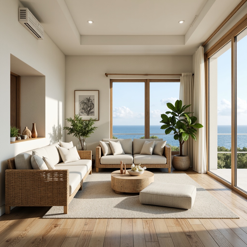 Prompt: Coastal living room, soft cream walls, weathered wood floors, natural textures, woven rattan furniture, linen upholstery, driftwood decor, sea-inspired accents, ocean-blue hues, calming atmosphere, abundant natural light, floor-to-ceiling windows, sliding glass doors, beachy vibe, tropical plants, minimalist ornamentation, organic shapes, subtle nautical themes, warm beige tones, soft diffused lighting, 1/2 composition, realistic renderings, ambient occlusion.