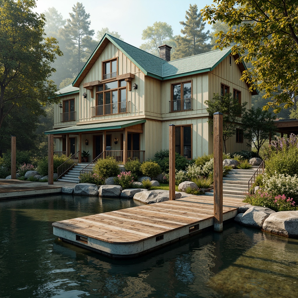 Prompt: Weathered wooden dock, vintage boat lifts, rustic boathouse, ornate Victorian details, rich wood tones, warm beige stucco, soft turquoise accents, creamy white trim, distressed bronze hardware, natural stone foundations, lush greenery surroundings, misty lake atmosphere, early morning sunlight, soft warm lighting, shallow depth of field, 3/4 composition, realistic textures, ambient occlusion.