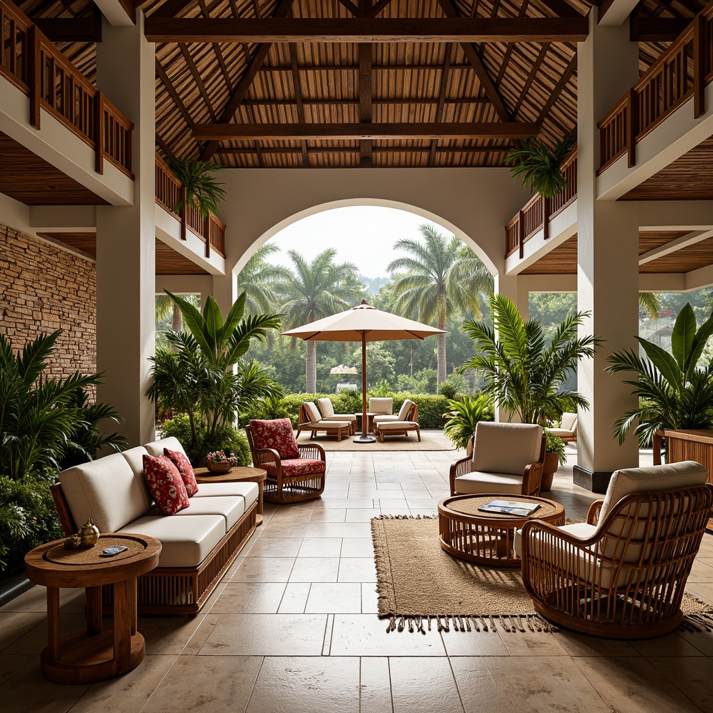 Prompt: Tropical hotel lobby, rattan furniture, woven wicker chairs, plush cushions, natural fabrics, vibrant colors, exotic patterns, wooden accents, carved decorations, potted plants, lush greenery, warm lighting, ambient shadows, shallow depth of field, 3/4 composition, panoramic view, realistic textures, ambient occlusion, ocean-inspired decor, seashell motifs, driftwood tables, woven bamboo screens, natural fiber rugs, tropical flowers, palm trees, bright sunny day, soft warm breeze.