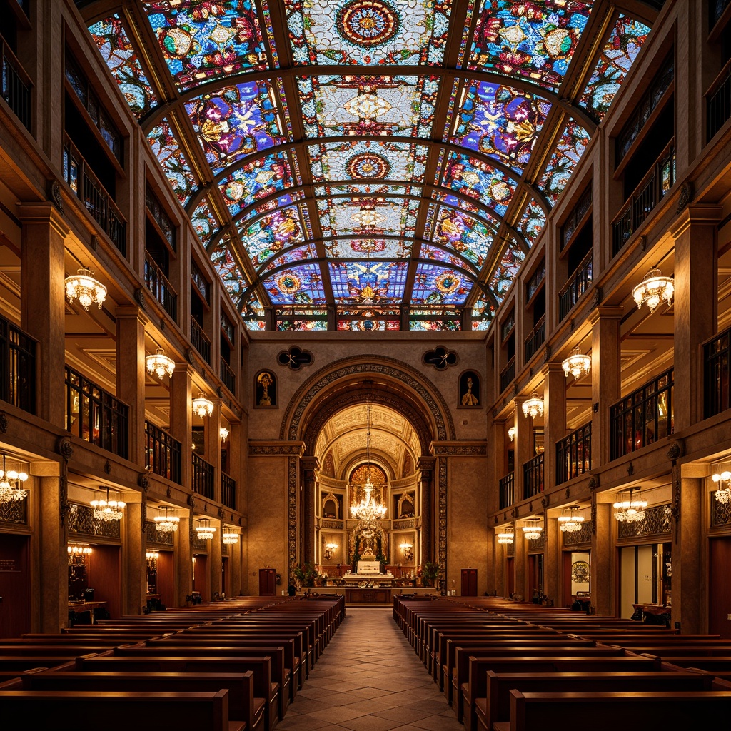 Prompt: Vibrant stained glass ceiling, kaleidoscope colors, ornate Gothic arches, grand auditorium design, intricate stone carvings, majestic chandeliers, rich velvet curtains, polished wooden pews, spiritual ambiance, warm golden lighting, dramatic spotlighting, 1/1 composition, symmetrical architecture, sacred symbols, medieval-inspired patterns, lavish decorations, opulent textures, soft diffused light, eerie shadows.