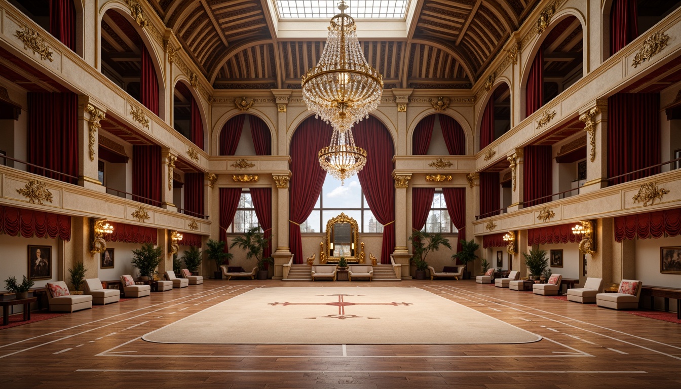 Prompt: Ornate gymnasium, rich velvet curtains, golden accents, ornamental mirrors, crystal chandeliers, luxurious wooden flooring, intricately carved furniture, regal thrones, majestic archways, opulent textiles, lavish drapery, stately columns, grandiose architecture, dramatic lighting, warm earthy tones, rustic wood beams, elegant furnishings, refined details, soft pastel hues, 3/4 composition, symmetrical arrangement, ornate patterns, luxurious fabrics.