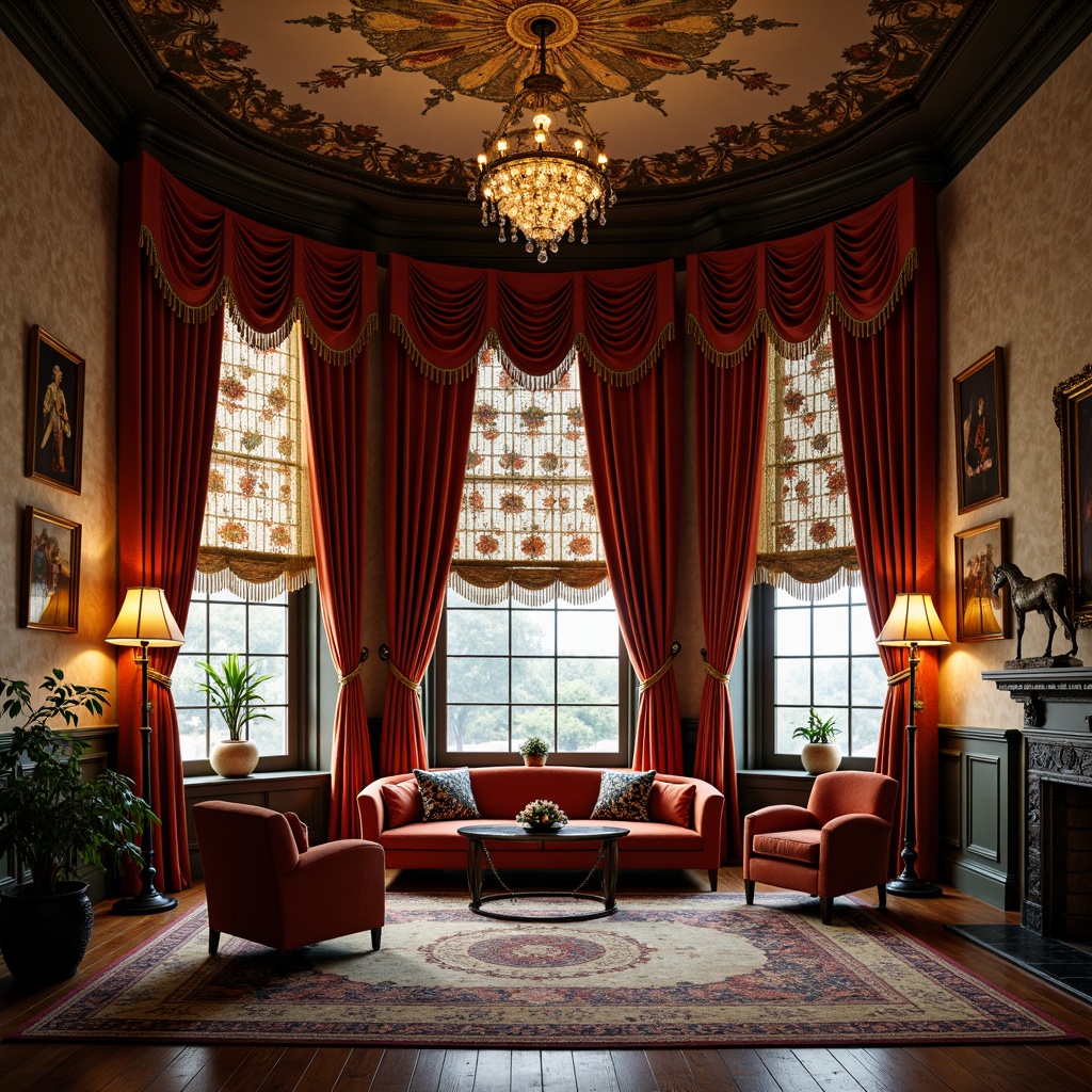 Prompt: Richly draped velvet curtains, ornate wooden blinds, stained glass windows, floral patterned lace, heavy drapery with golden tassels, luxurious silk fabrics, soft warm lighting, cozy reading nooks, plush armchairs, antique furnishings, distressed wood accents, nautical decorative elements, vintage marine artifacts, intricate moldings, high ceilings, dramatic chandeliers, sparkling crystal prisms, elegant floor lamps, richly textured wallpapers, vintage-inspired color palette, 1/1 composition, shallow depth of field, soft focus, warm atmosphere.