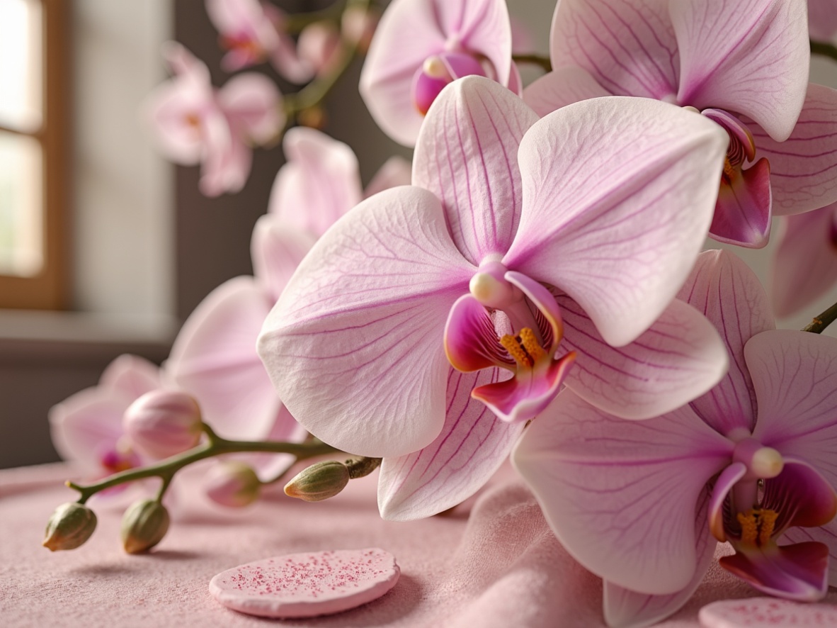 Prompt: Ethereal orchid hues, soft pastel shades, delicate petal-inspired colors, creamy whites, rich gold accents, luxurious velvet textures, ornate metal fixtures, whimsical botanical patterns, dreamy atmospheric lighting, subtle gradient effects, 1/2 composition, intimate close-up shots, romantic warm glow, gentle focus blur, realistic fabric simulations.