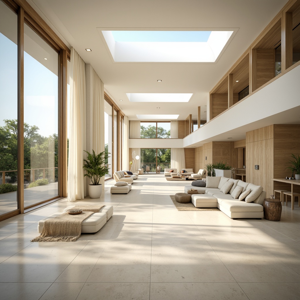 Prompt: Bright airy interior, large windows, sliding glass doors, minimal obstruction, reflective surfaces, polished floors, light-colored walls, sheer curtains, clerestory windows, skylights, open floor plan, minimalist decor, greenery integration, natural textures, warm beige tones, soft diffused lighting, shallow depth of field, 1/1 composition, panoramic view, realistic rendering.