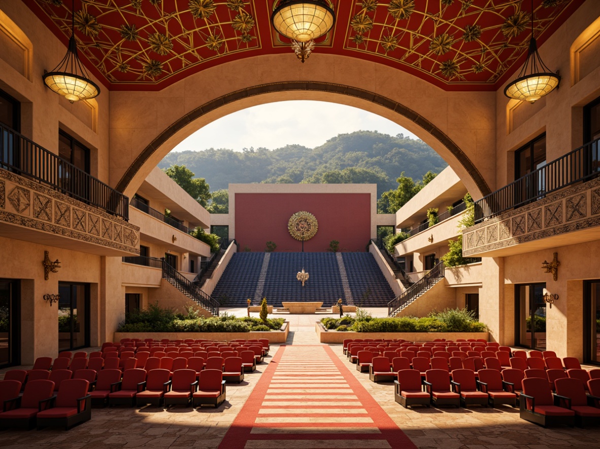 Prompt: Vibrant art deco amphitheater, luxurious golden accents, rich terracotta reds, deep navy blues, warm beige stonework, ornate metallic details, intricate geometric patterns, opulent velvet fabrics, lavish chandeliers, grandiose staircases, sun-kissed Mediterranean scenery, warm afternoon lighting, shallow depth of field, 1/1 composition, symmetrical framing, realistic textures, ambient occlusion.