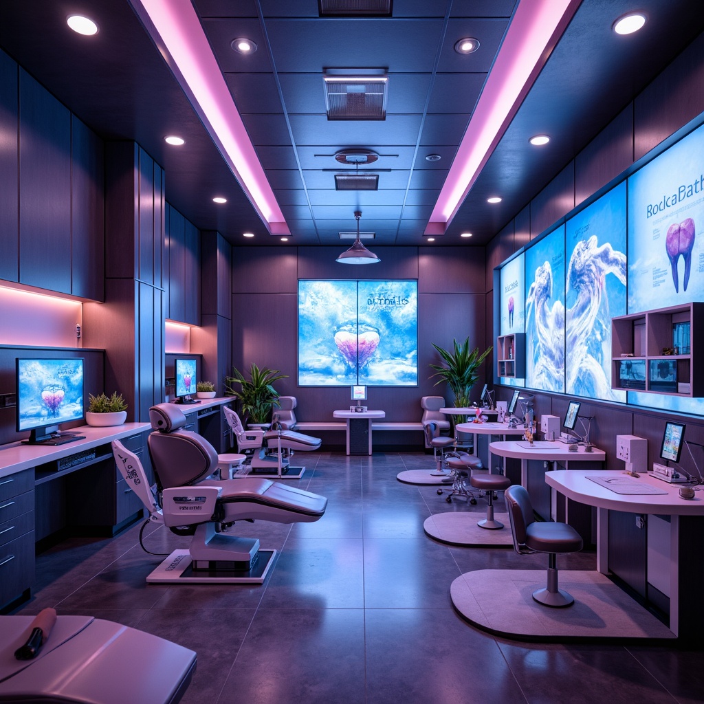 Prompt: Neon-lit dental clinic, metallic accents, high-gloss finishes, futuristic chairs, sleek LED lighting, holographic displays, minimalist decor, sterilized equipment, medical robots, automated systems, virtual reality experiences, calming ambient sounds, soft neon glow, 1/1 composition, shallow depth of field, realistic textures, ambient occlusion.