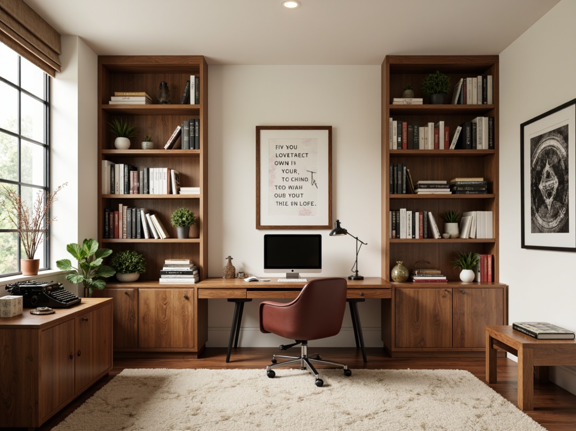 Prompt: Academic-style home office, warm wooden desk, ergonomic chair, bookshelves, stacked books, framed artwork, vintage typewriter, leather-bound journals, softbox lighting, creamy white walls, plush area rug, minimal decor, organized workspace, desktop computer, inspirational quotes, cozy atmosphere, natural textures, shallow depth of field, 1/1 composition, realistic rendering, ambient occlusion.