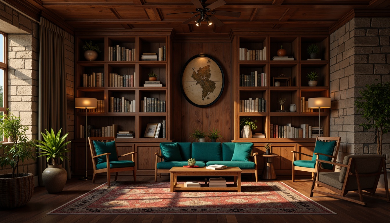 Prompt: Rich wooden tones, warm golden lighting, luxurious velvet textures, sleek metal accents, rustic stone walls, cozy intimate atmosphere, deep blues and emerald greens, vintage leather-bound books, ornate wooden cabinets, polished chrome fixtures, sophisticated earthy scent, dimly lit ambiance, 1/1 composition, shallow depth of field, realistic wood grain textures.