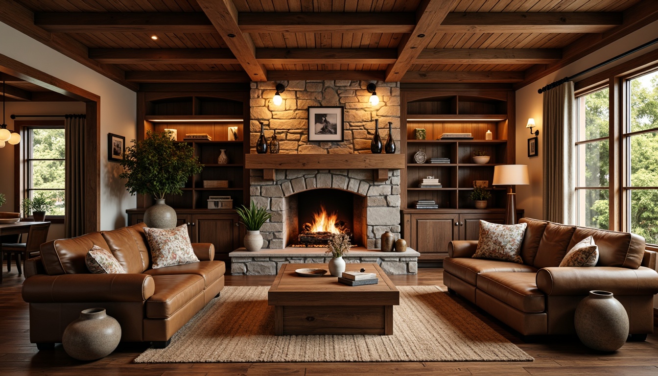 Prompt: Cozy craftsman-style living room, warm wooden accents, rich brown leather furniture, rustic stone fireplace, vintage metal lanterns, pendant lighting fixtures, earthy ceramic vases, woven natural fiber rugs, traditional wooden ceiling beams, soft warm glow, warm white LED bulbs, layered lighting design, 1/2 composition, shallow depth of field, realistic textures.