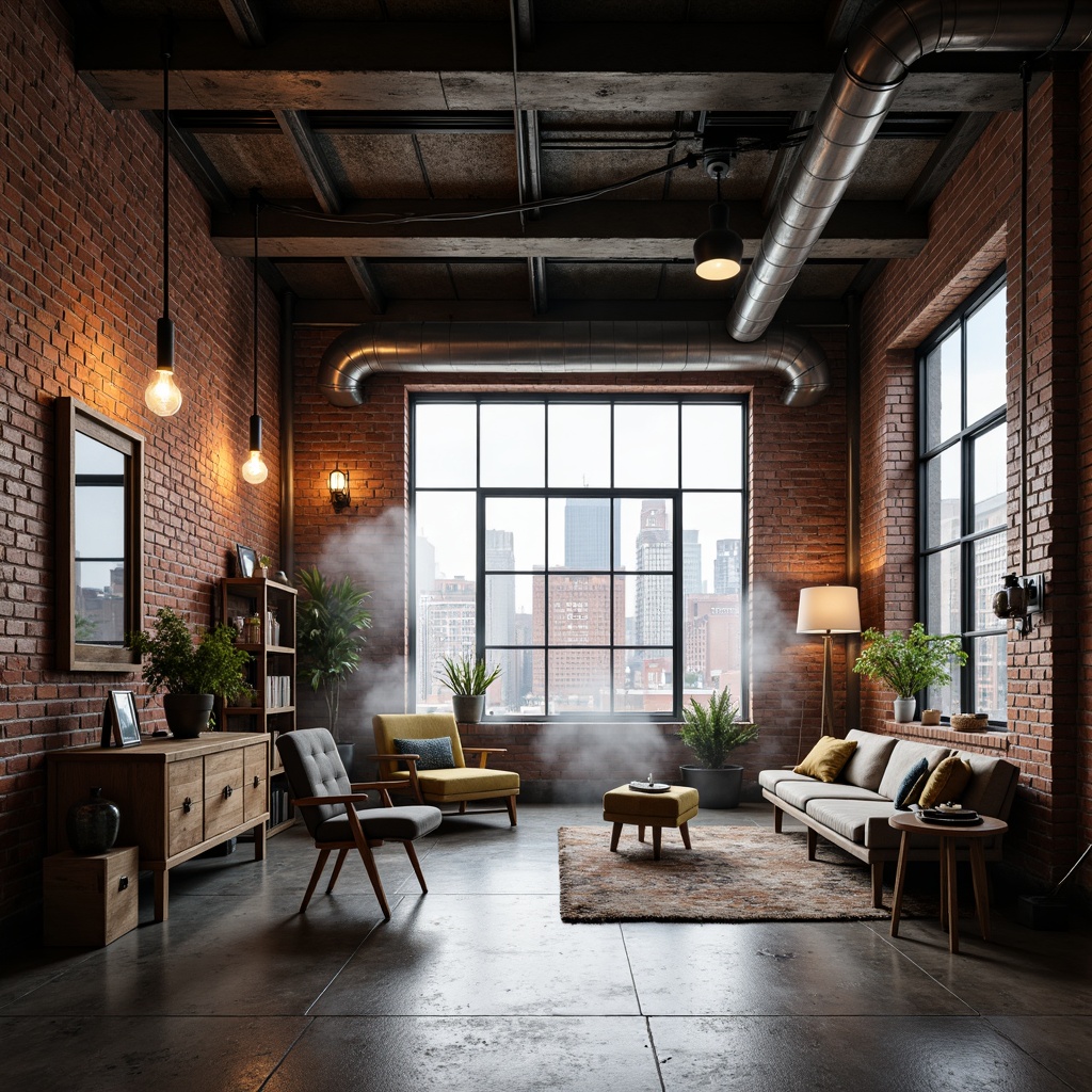 Prompt: Industrial-chic loft, exposed brick walls, metal beams, polished concrete floors, modern minimalist decor, Edison bulb pendant lights, reclaimed wood accents, urban cityscape views, large windows, natural daylight, warm ambient glow, softbox lighting, 1/2 composition, shallow depth of field, realistic textures, atmospheric mist.