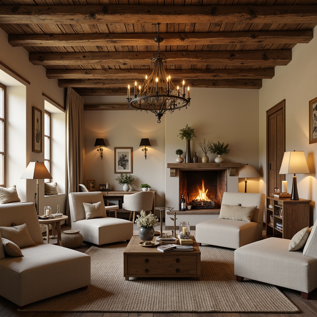 Prompt: Rustic French country interior, warm beige walls, distressed wood beams, soft cream-colored furniture, ornate metal chandeliers, candles in mercury glass holders, natural linen drapes, vintage bronze sconces, dimmable LED lighting, ambient floor lamps, table lamps with burlap shades, cozy reading nooks, romantic fireplaces, crackling wood fires, warm golden lighting, softbox diffused lighting, 1/1 composition, shallow depth of field, intimate atmosphere.