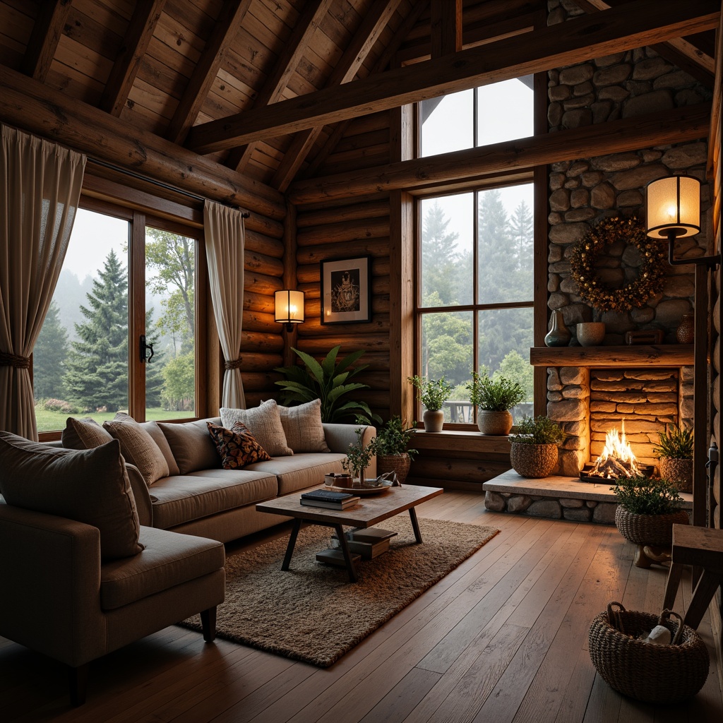 Prompt: Rustic cabin, wooden accents, natural stone walls, earthy color palette, reclaimed wood flooring, wooden beams, pinecone decorations, lantern lighting, woven textiles, cozy fireplace, plush furnishings, forest surroundings, misty morning, soft warm lighting, shallow depth of field, 1/2 composition, intimate atmosphere, organic shapes, earthy scent.